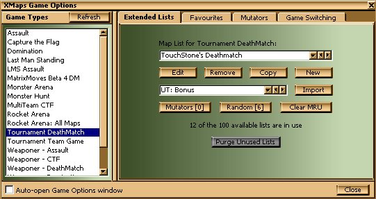 XMaps Game Options - Extended Lists page