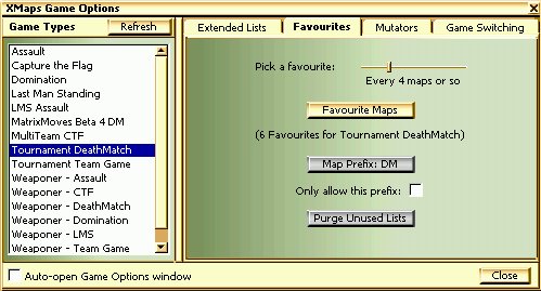 XMaps Game Options Favourites Page